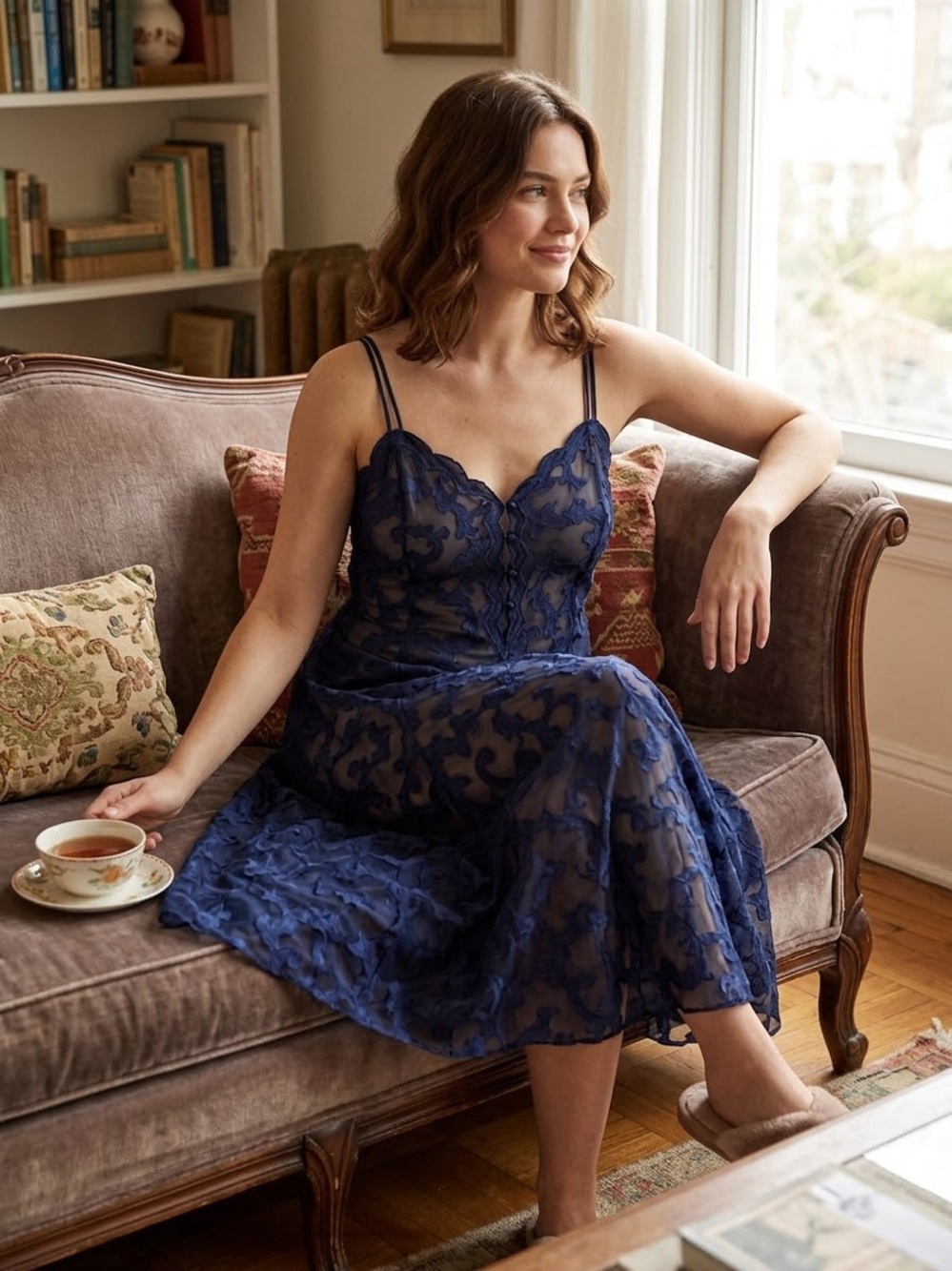 (A1)Inner Most Vintage Navy Blue Sheer Babydoll Lingerie Dress with Embossed, L